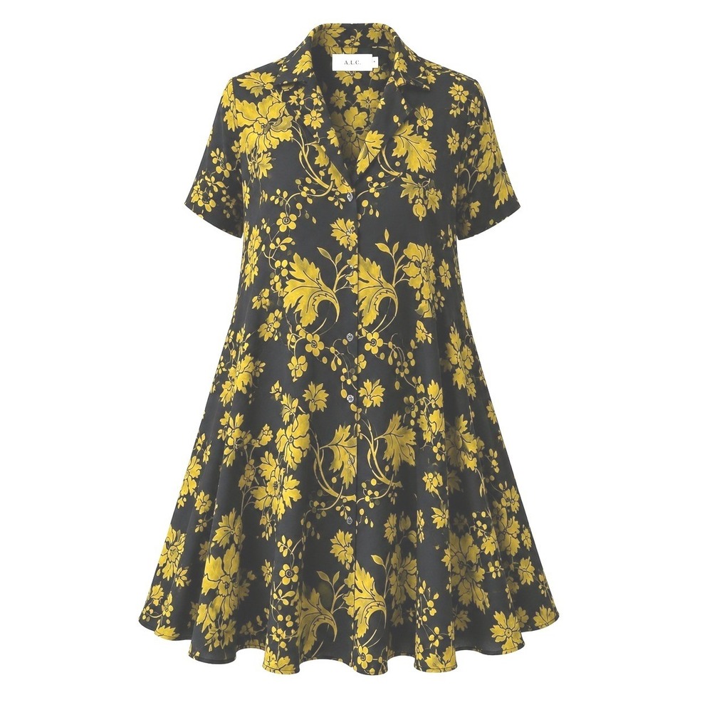 ALC 100% Silk Navy Blue Yellow‎ Floral Button Front Flared Mini Dress Size 8